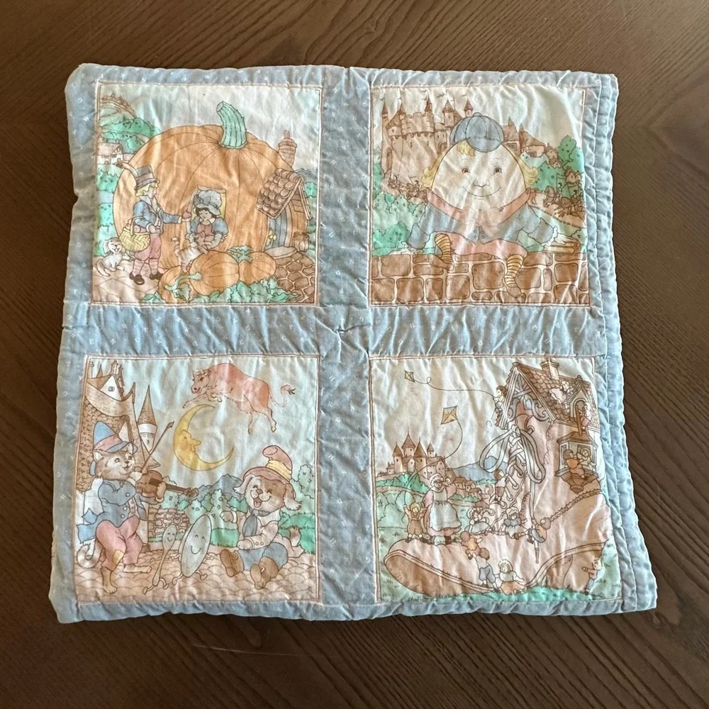 Vintage Nursery Rhyme Baby Quilt Pastel Storybook Humpty Dumpty Blanket 42x32